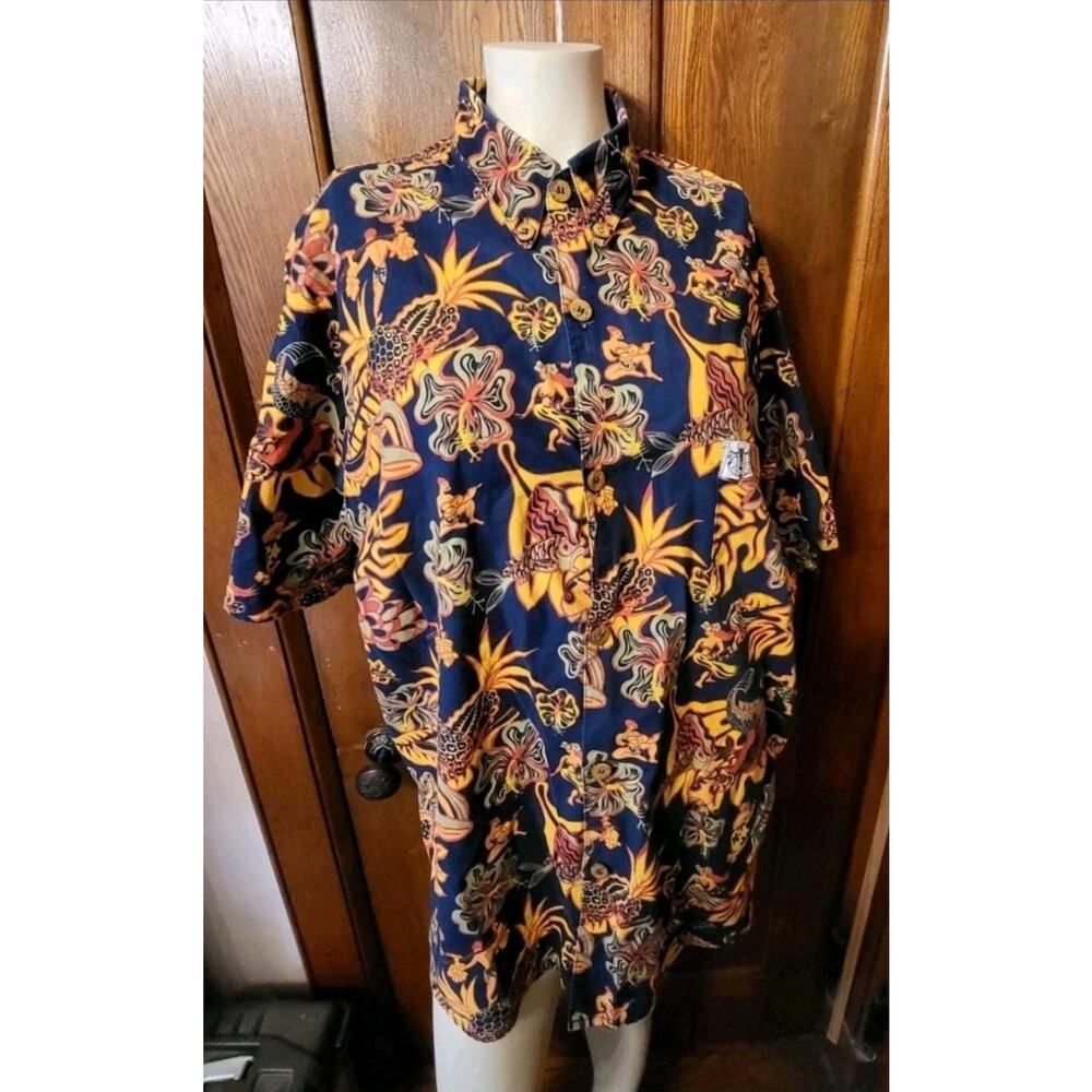 1990s Duke Kahanamoku by Kahala Hawaiian Shirt Tiki Print Cotton Aloha XL